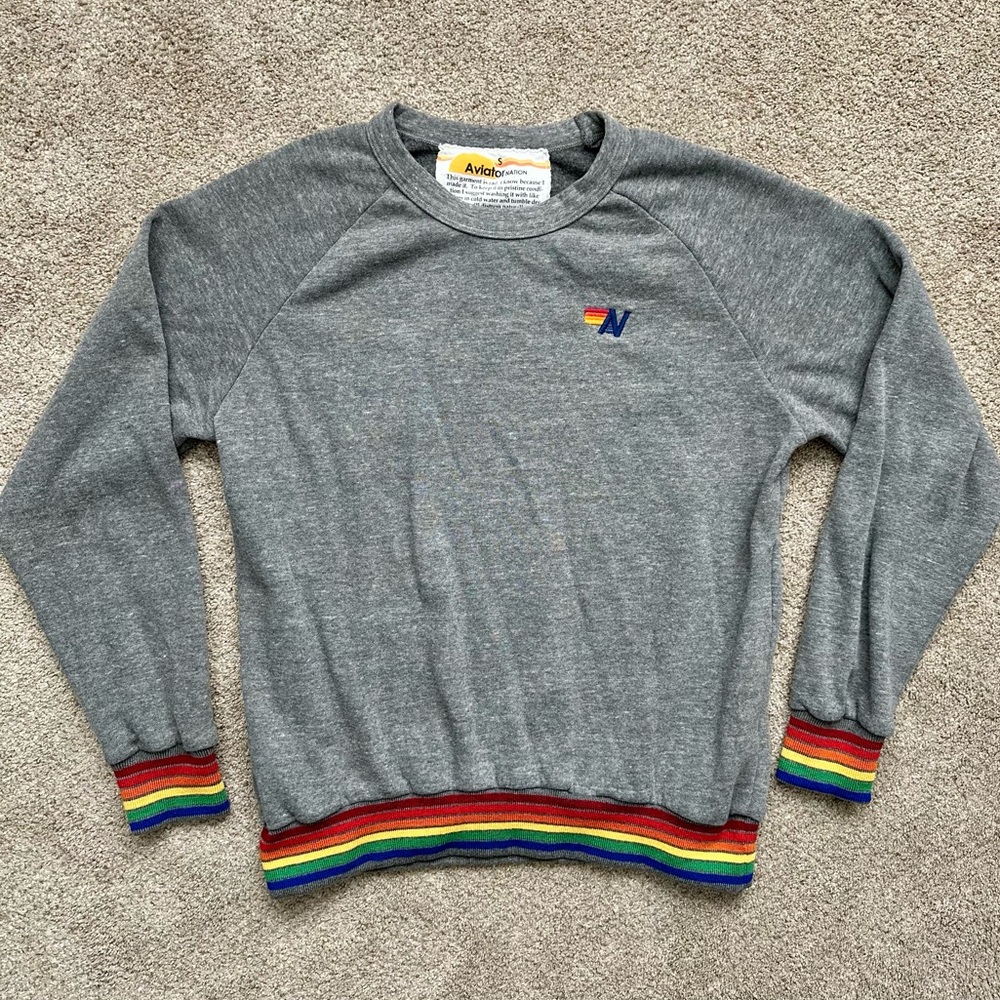 Aviator Nation Gray Crewneck with Rainbow Cuffs